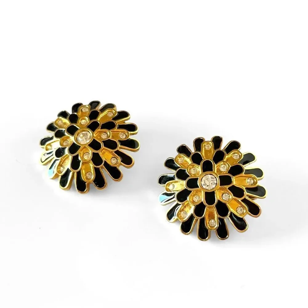 Vintage Swarovski Gold Enamel Crystal Sunburst Earrings